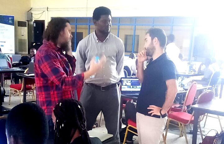 Justin Arenstein (Code for Africa), Blaise Aboh and Jacopo Otavini (Code for Africa) discussing a possible partnership